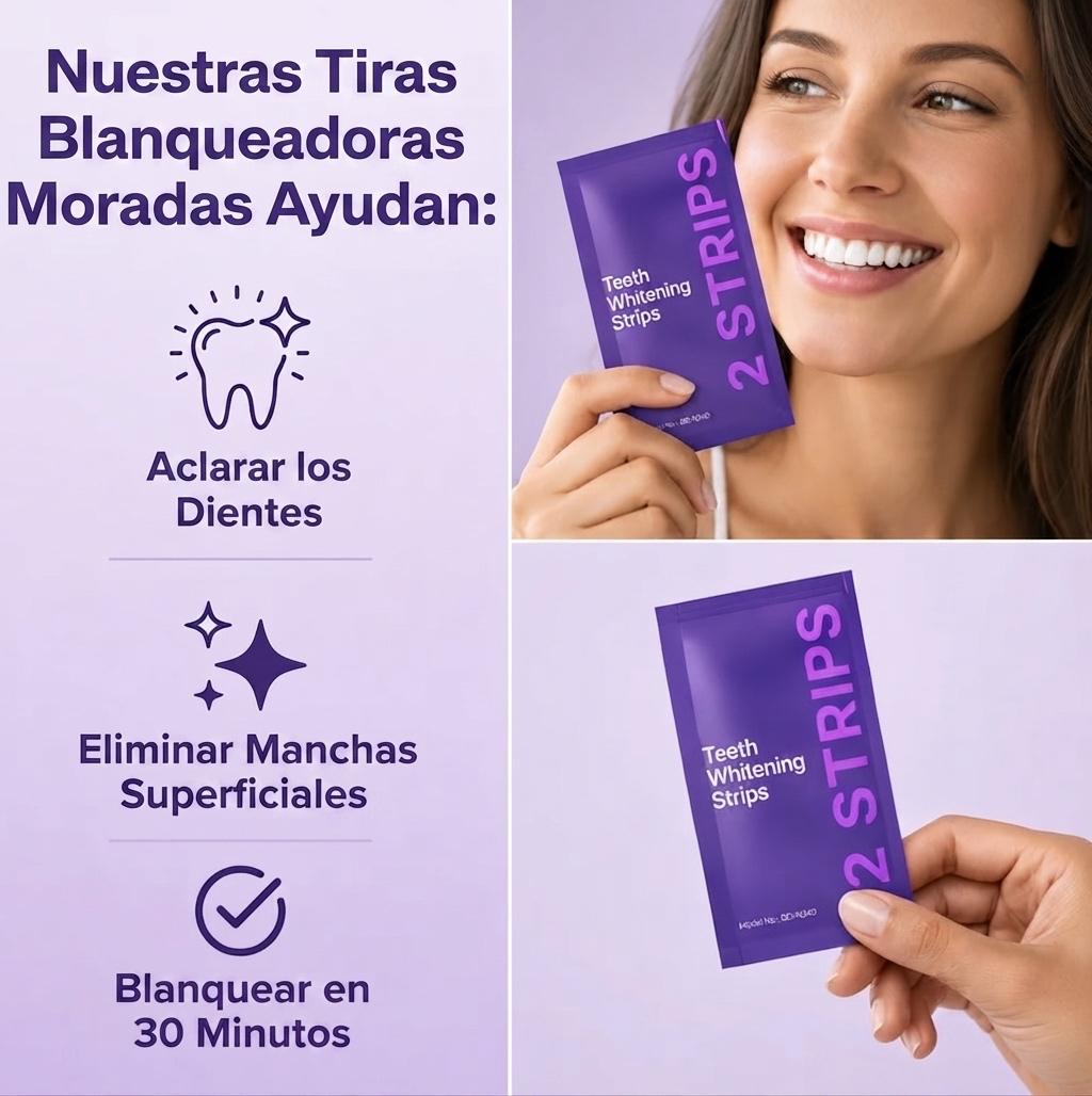 Tiras blanqueadoras de dientes moradas